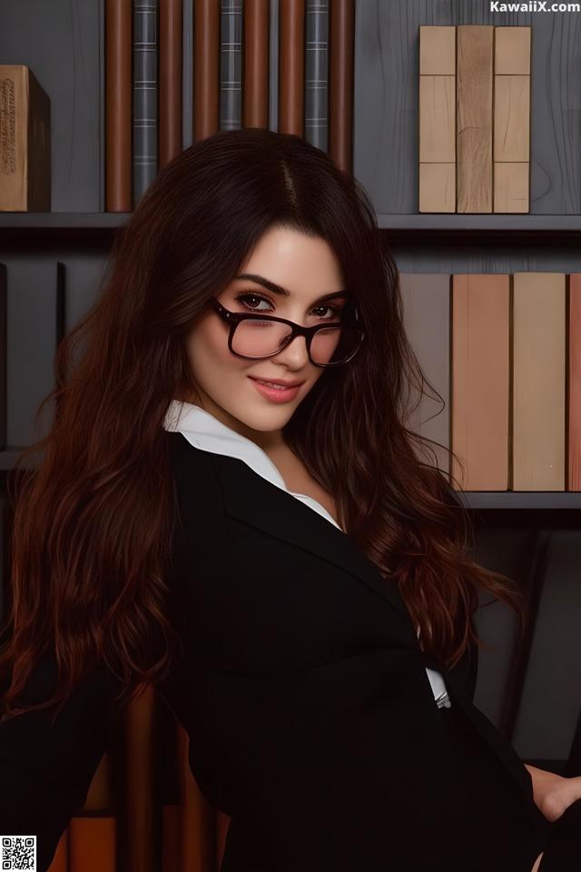 A woman in a black suit and glasses posing for a picture.