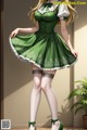 A woman in a green dress and white stockings posing for a picture.