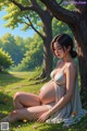 A pregnant woman sitting under a tree in a field of flowers.