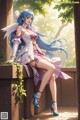 A woman with long blue hair sitting on a ledge.