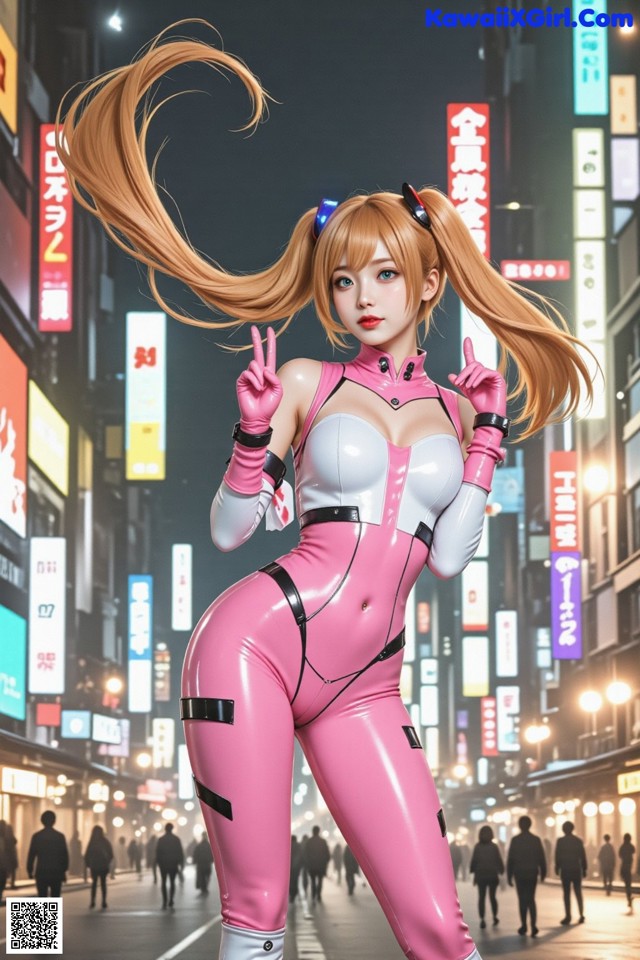 A woman in a pink and white outfit standing in the middle of a city.