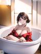 A woman in a bathtub with a red dress sitting in it.