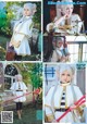 A collage of photos of a woman dressed in a white outfit.